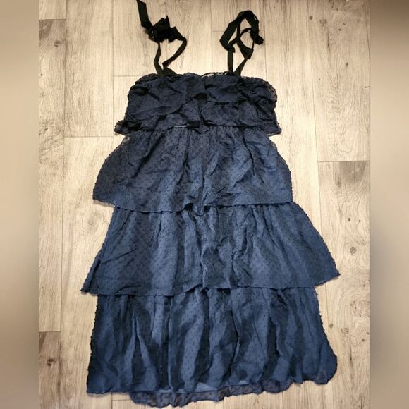 J. Crew Clip Dot Silk Blend Tie Shoulder Straps Tiered Dress Navy Blue Size 12 - Picture 3 of 7